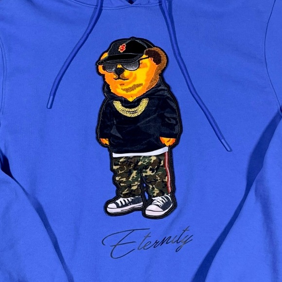 Eternity Blue Graphic Hoodie Teddy Bear‎ Hip Hop Style Mens Large - Picture 2 of 4